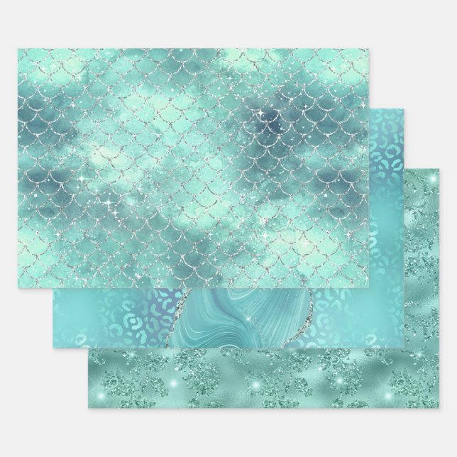 Hoja De Papel De Regalo Turquoise Glam Sparkle Glitter Elegant Patterns (Set)