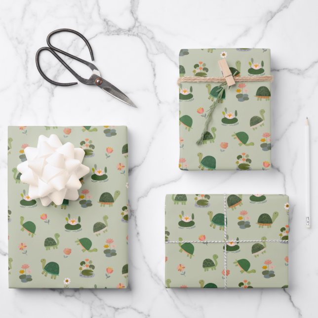 Hoja De Papel De Regalo Turtles & Lily Pads on Gin Green (Anverso)