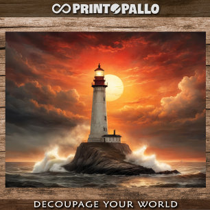 Hoja De Papel De Regalo Un faro al atardecer en un mar tormentoso - Decoup