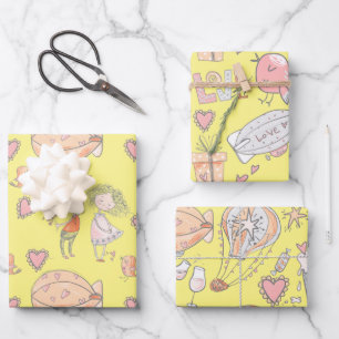 Hoja De Papel De Regalo Un globo aerostático lindo pareja de aves amorosas