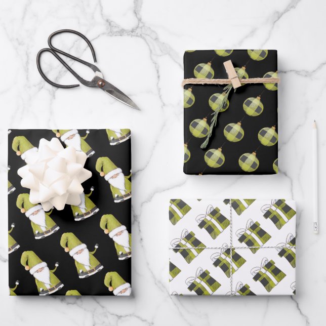 Hoja De Papel De Regalo Un regalo de bienvenida verde, ornamentos y Navida (Anverso)