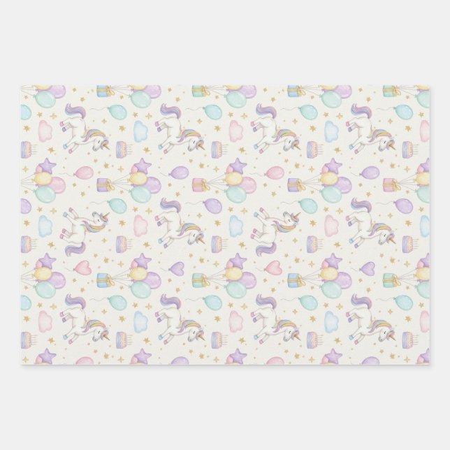 Hoja De Papel De Regalo Unicorn Birthday Magic – Pastel Balloons & Cakes  (Anverso)