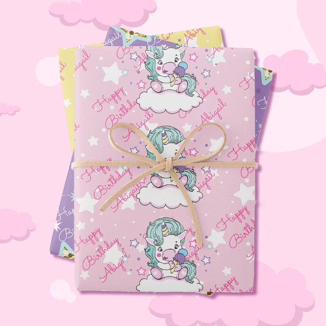 Hoja De Papel De Regalo Unicornio Feliz Cumpleaños Nombre Lavanda Amarilla (Subido por el creador)