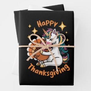 Hoja De Papel De Regalo Unicornio Lindo Abraza Pavo Feliz Día de Acción de