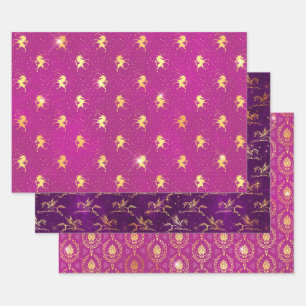Hoja De Papel De Regalo Unicornio Rosa y Púrpura y Ornamental Dorado