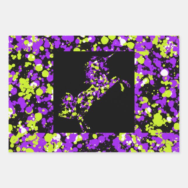 Hoja De Papel De Regalo Unicornio Verde Morado Pintura Salpicada  (Anverso 3)
