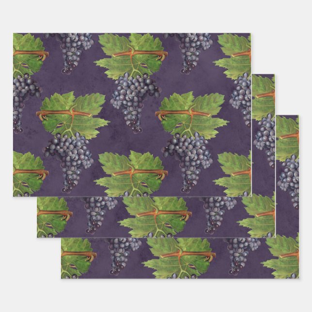 Hoja De Papel De Regalo Uvas y vides de cosecha en morado (Set)