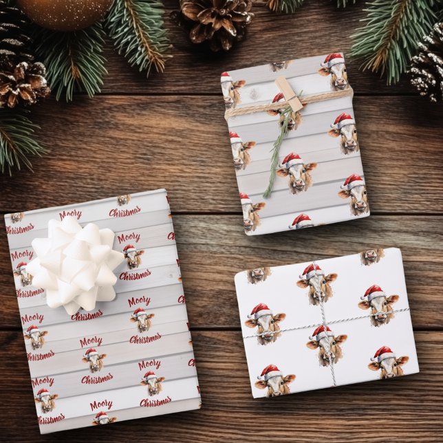 Hoja De Papel De Regalo Vaca de Jersey, Madera de Barn, "Navidades moros" (Moory christmas jersey cow gift wrap)