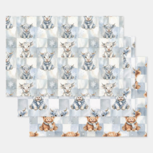 Hoja De Papel De Regalo Vaca Highlandesa Cuadrada Azul Copo de Nieve Frío 