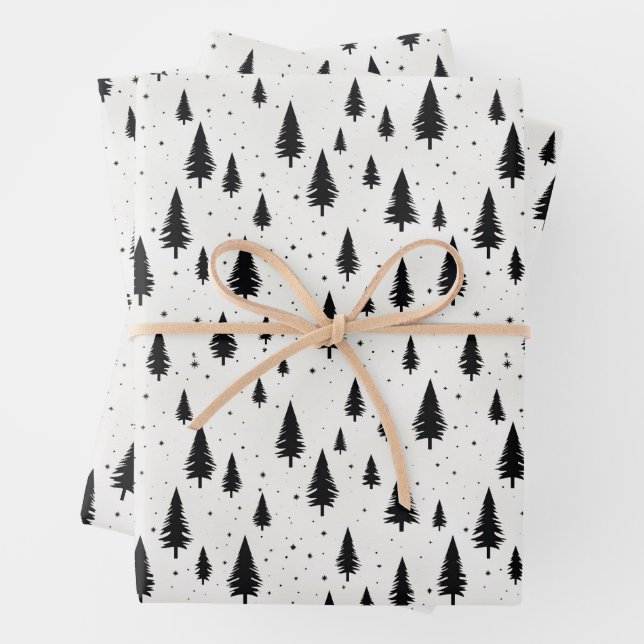 Hoja De Papel De Regalo Vacaciones de invierno árboles de Navidad negros y (In situ)