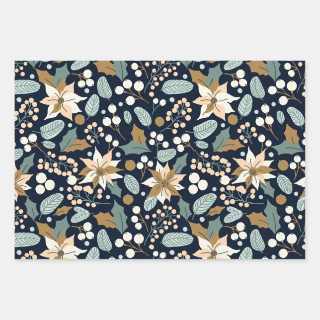 Hoja De Papel De Regalo Vacaciones de invierno de fondo negro de Poinsetti (Anverso)