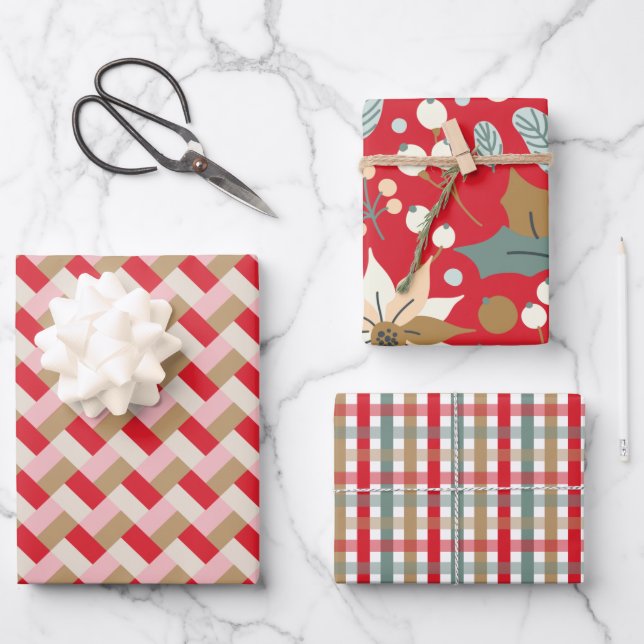 Hoja De Papel De Regalo Vacaciones de invierno de fondo rojo en Poinsettia (Anverso)