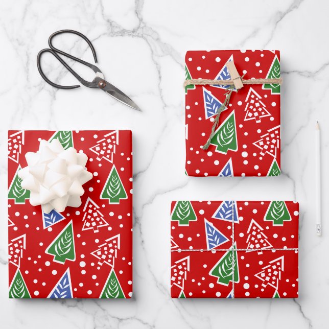 Hoja De Papel De Regalo Vacaciones rojas de árboles de Navidad abstractos  (Anverso)