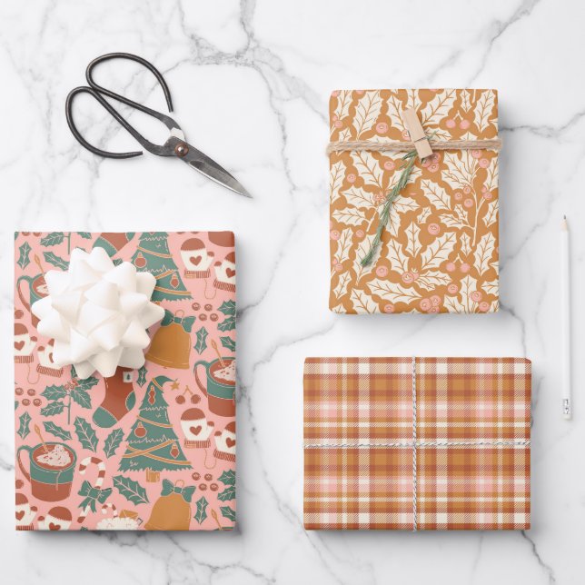 Hoja De Papel De Regalo Vacaciones rosas, verdes y Naranjas (Anverso)