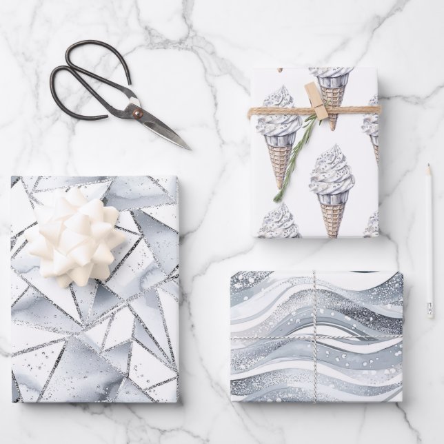 Hoja De Papel De Regalo Vainilla Plata Confetti Helado Crema Cono Cumpleañ (Anverso)