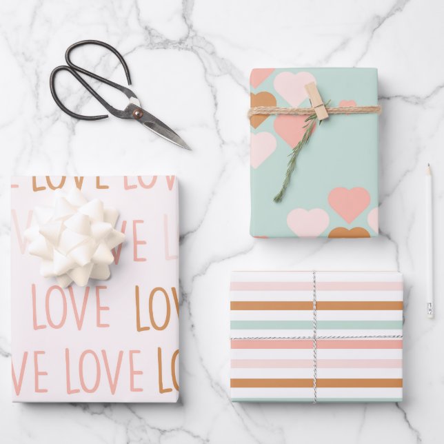 Hoja De Papel De Regalo Valentine Cute Pastel Boho Love Stripes Hearts (Anverso)