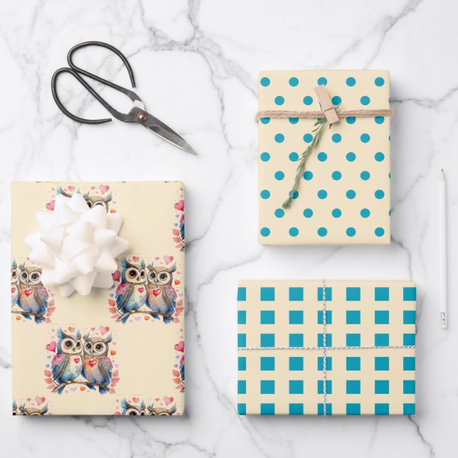 Hoja De Papel De Regalo Valentine lindo búho pega el patrón cuadrado turqu (Anverso)