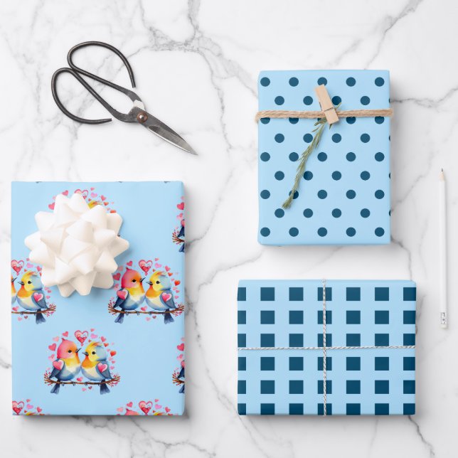 Hoja De Papel De Regalo Valentine lindo pájaros pega cuadrado patrón azul (Anverso)