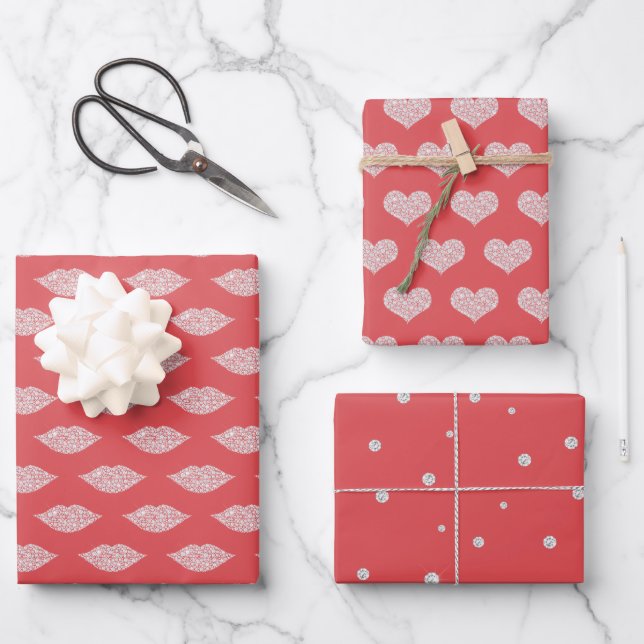 Hoja De Papel De Regalo Valentine Red Glam Diamonds Lips Hearts (Anverso)