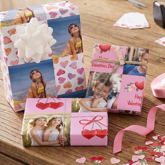 Hoja De Papel De Regalo Valentine's Day Hearts and Square Photos Set of 3 (Valentine's gift wrap with hearts and personalized photos)
