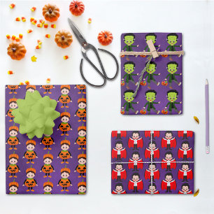 Hoja De Papel De Regalo Vampiro, calabaza y Frankenstein de Halloween para
