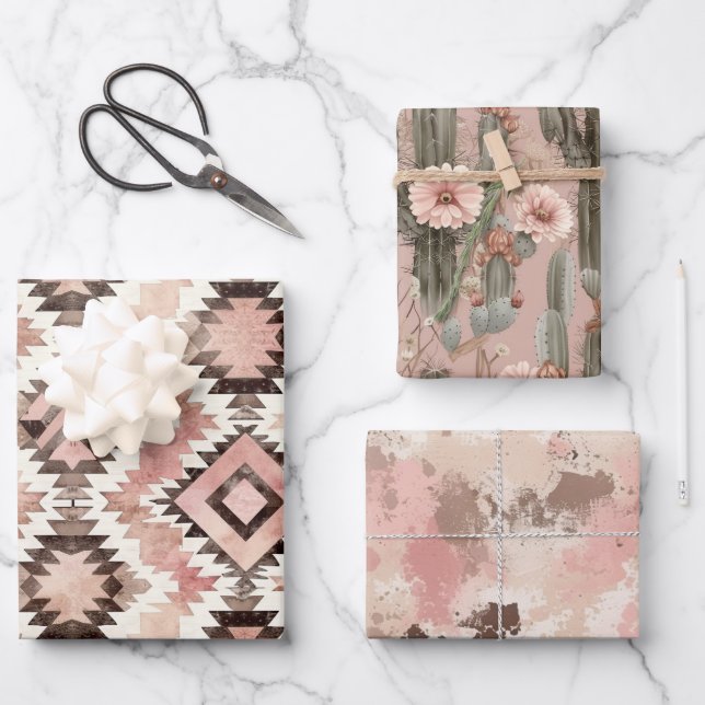 Hoja De Papel De Regalo Vaquera marrón rosada Cumpleaños Tribal Suroeste (Anverso)