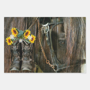 Hoja De Papel De Regalo Vaquero Caballo bota tabla de fletes rusos girasol