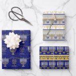 Hoja De Papel De Regalo Variedad de Moda Monograma de Menorah Gold<br><div class="desc">Crea tu propio personalizado de moda Hanukkah envolviendo hojas de papel con esta variedad de patrones y rayas de oro antiguo Menorah que es fácil de personalizar con tu primer monograma para una especie de envoltura de regalo. La hoja uno tiene un patrón de adorno de mi original de oro...</div>