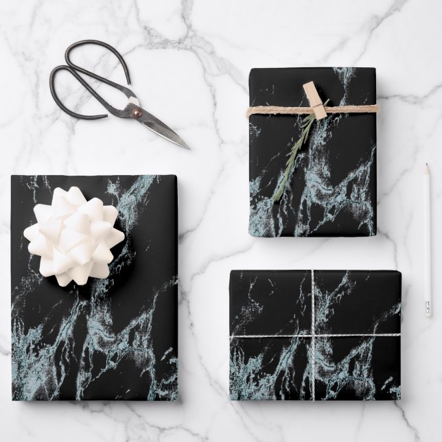 Hoja De Papel De Regalo Vena turquesa ligera con aspecto de mármol negro (Anverso)