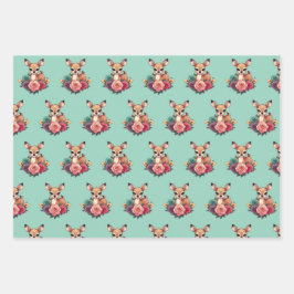 Hoja De Papel De Regalo Venado bebé con Rosas y follaje verde