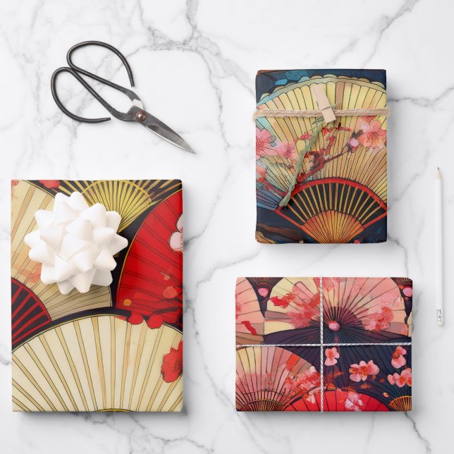 Hoja De Papel De Regalo Ventiladores y flores (Anverso)