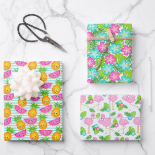 Hoja De Papel De Regalo Verano Hawaiano Tropical Hibisco, Frutas y Aves