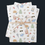 Hoja De Papel De Regalo Veranos En Nueva Inglaterra Vacaciones Familiares<br><div class="desc">Una colección de recuerdos de veranos en Nueva Inglaterra compartiendo casas de playa con primos y formando recuerdos centrales con los pequeños. Esta huella cuenta con ilustraciones costeros icónicos como sillas Adirondack, langostas, almejas, raquetas de tenis, cartas de juego, bolsas de té, aromas y soles. Esta impresión sería una gran...</div>