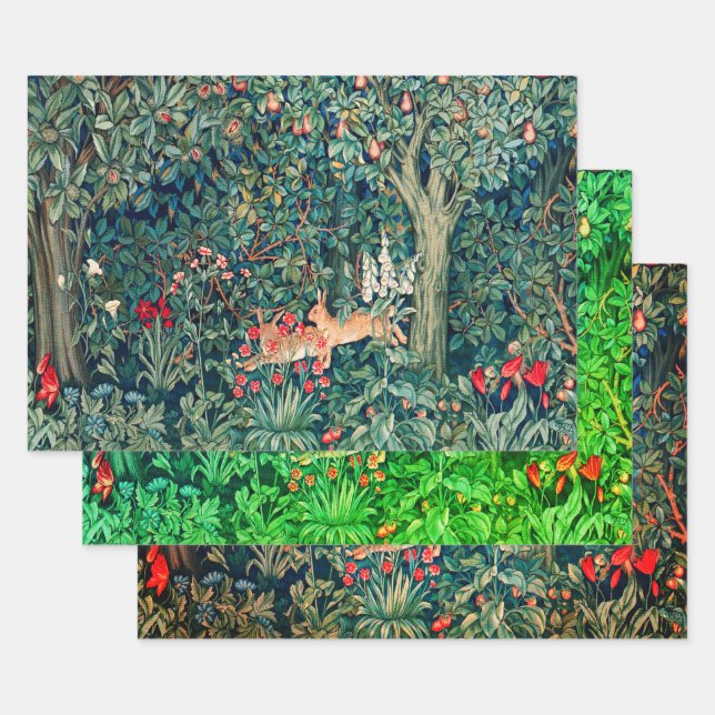 Hoja De Papel De Regalo VERDAD, ANIMALES FORESTALES, Hares Floral Verde (Set)