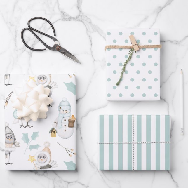 Hoja De Papel De Regalo Verde azulado | Blanco | Festividades Navidades (Anverso)