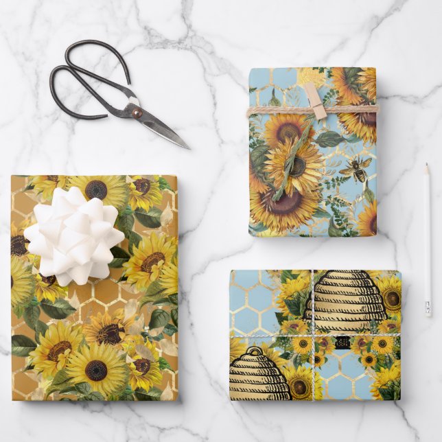 Hoja De Papel De Regalo Verde azulado elegante amarillo girasol oro honeyc (Anverso)