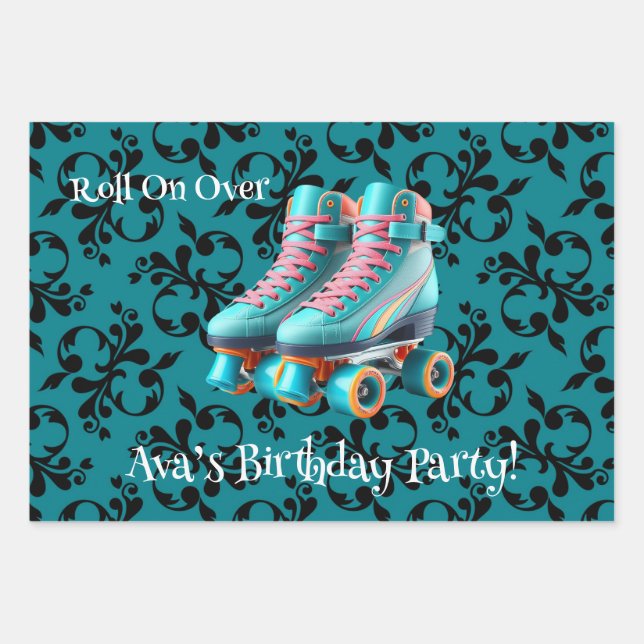 Hoja De Papel De Regalo Verde azulado Neon Roll On Over Skate Birthday Par (Anverso)