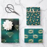 Hoja De Papel De Regalo Verde azulado y oro<br><div class="desc">Papel verde azulado de moda y falso purpurina y Relieve metalizado dorado envuelto con diamantes brillantes,  manchas de leopardo y labios de besos.</div>