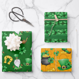 HOJA DE PAPEL DE REGALO VERDE IRLANDA SHAMROCKS HORSESHOES DE ORO GNOMES