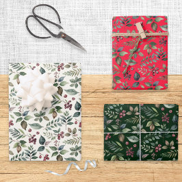 Hoja De Papel De Regalo Verde y Bayas Botánicas Navideñas