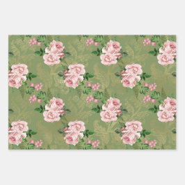 Hoja De Papel De Regalo Verde y oro con rosas rosas rosas rosas