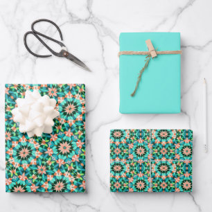 Hoja De Papel De Regalo Verdes azules vivos, verde, rosa coral, aqua claro