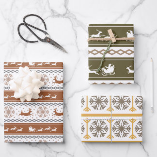 Hoja De Papel De Regalo Verdes nórdicos, rojos y copos y ciervos de nieve