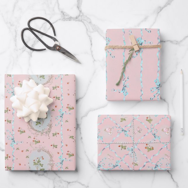Hoja De Papel De Regalo Versailles Strawberrys & Ribbons Pink (Anverso)