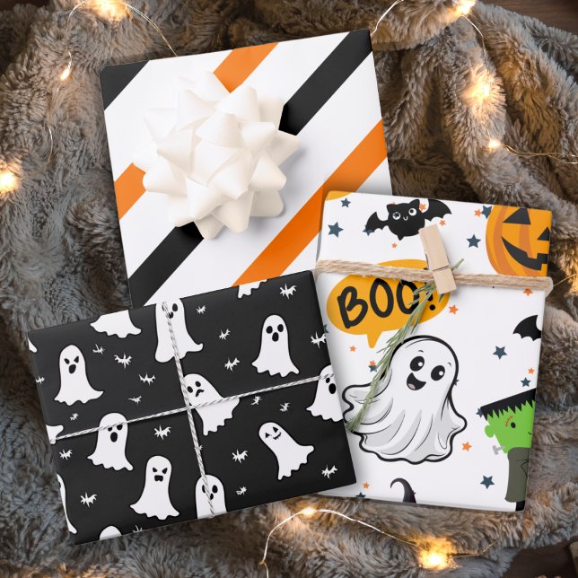 Hoja De Papel De Regalo Vibes De Halloween Clásicas Y Cuidadas En Naranja  (Cute And Classic Halloween Vibes In Orange & Black Wrapping Paper Sheets)