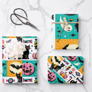 Hoja De Papel De Regalo Vibrant Retro Halloween Collage Pink Pumpkin Black