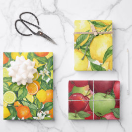 Hoja De Papel De Regalo Vibrant Watercolor Fruit Orchard Pattern