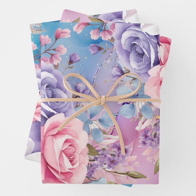 Hoja De Papel De Regalo Vibrante Aqua & Pink Watercolour Floral Bouquets (In situ)