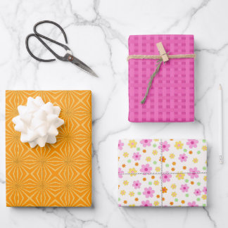 Hoja De Papel De Regalo Vibrante floral de colores naranja y rosa