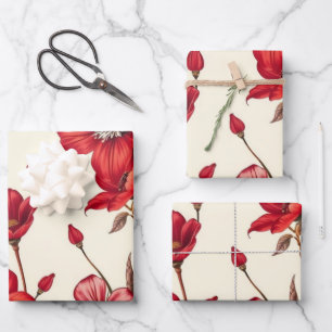 Hoja De Papel De Regalo Vibrante Ilustracion Botánico Rojo